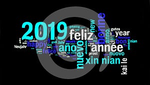 2019 greeting card on black, new year translated in many languages