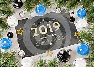 2019 greetings card with blue baubles 3D rendering