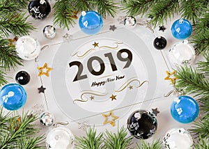 2019 greetings card with blue baubles 3D rendering