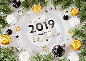 2019 greetings card with golden baubles 3D rendering