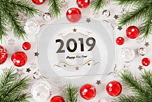 2019 greetings card with red baubles 3D rendering