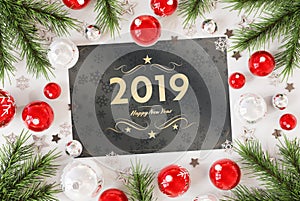 2019 greetings card with red baubles 3D rendering