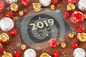 2019 greetings card with red baubles 3D rendering