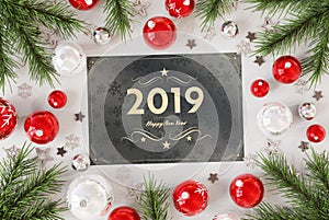 2019 greetings card with red baubles 3D rendering
