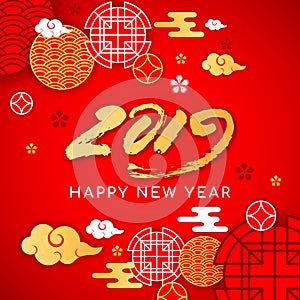 2019 Happy asians New Year postcard,Oriental asian traditional korean japanese chinese style pattern decoration elements