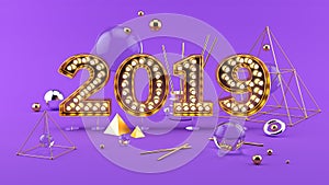 2019 Happy New Year 3D composition with 2019 golden bright numbers.