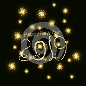 2019 Happy New Year background with number and golden glitter. Gold number 2019 and text happy new year, vector design template. G