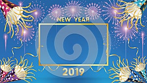 2019 Happy New Year Background for Seasonal Flyers and Greetings Card or invitations with fireworks. simple modern and stylized