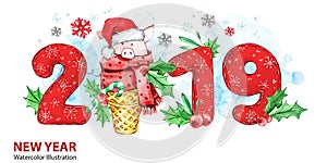 2019 Happy New Year banner. Cute pig with Santa hat in waffle cone and numbers. Greeting watercolor illustration. Symbol