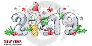 2019 Happy New Year banner. Cute pig with Santa hat in waffle cone and numbers. Greeting watercolor illustration. Symbol