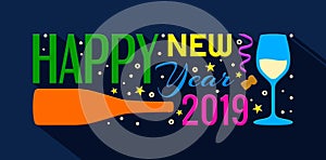 2019 Happy New Year banner. Lettering from Bottle of Champagne, glass, stars and other made from color papers. Vector.