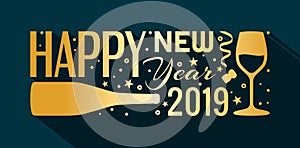 2019 Happy New Year banner. Lettering made from golden Bottle of Champagne, glass, stars and other. Vector.