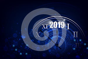 2019 Happy New Year banner with round clock. Vector illustration