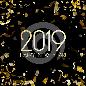 2019 Happy New Year card with gold confetti.
