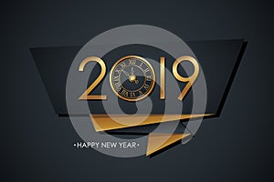 2019 Happy New Year celebrate banner with gold colored 2019 text design, new year clock and black background.