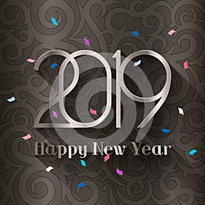 2019 Happy New Year. Design template for holiday greeting card and invitation. Silver text and numbers. Vector.