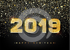 2019 Happy new year. Gold Numbers Design of greeting card. Gold Shining Pattern. Happy New Year Banner with 2019 Numbers