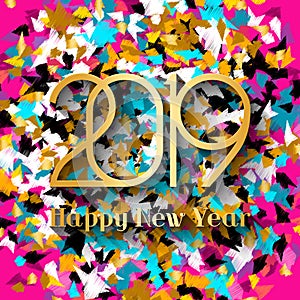 2019 Happy New Year. Gold numbers on patterned background. New Year 2019 greeting card. Vector illustration.