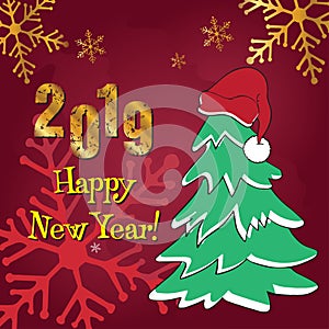 2019 Happy new year. Gold Shining Pattern. Happy New Year Banner with 2019 Numbers on red Background.