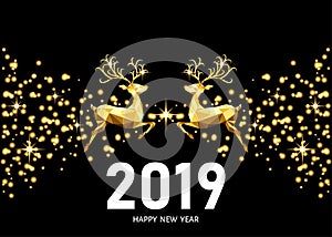 2019 Happy New Year golden decoration with jumping reindeer