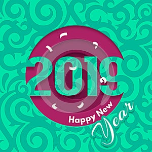 2019 Happy New Year greeting card with cut out numbers and flying confetti. Vector.