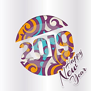 2019 Happy New Year greeting card with cut out numbers on patterned background. Vector.