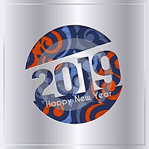 2019 Happy New Year greeting card with cut out numbers on patterned background. Vector.