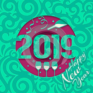 2019 Happy New Year greeting card with cutted numbers, bottle of Champagne and glass. Vector.