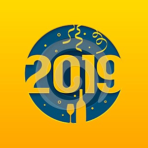 2019 Happy New Year greeting card with cutted numbers, bottle of Champagne and glass. Vector.