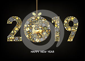 2019 Happy New Year greeting card with gold Xmas ball.