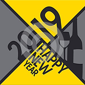 2019 Happy New Year greeting card. Numbers, bottle of Champagne and glass cutted from paper. Vector.