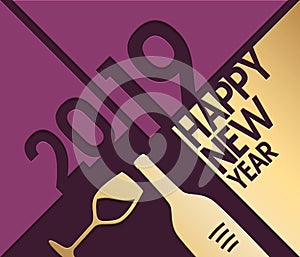 2019 Happy New Year greeting card. Numbers, bottle of Champagne and glass cutted from paper. Vector.