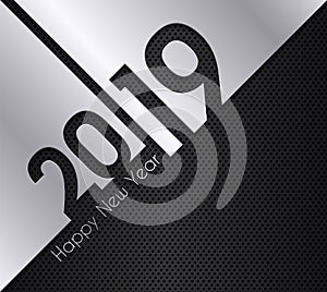 2019 Happy New Year greeting card with numbers cutted from silver paper. Vector.