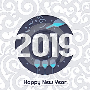 2019 Happy New Year greeting card with numbers and thematic items cut from paper. Vector.