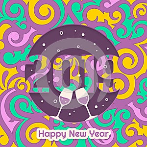 2019 Happy New Year greeting card with numbers and thematic items cut from paper. Vector.