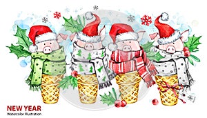 2019 Happy New Year illustration. Christmas border. Cute pigs with Santa hat in waffle cones. Greeting watercolor