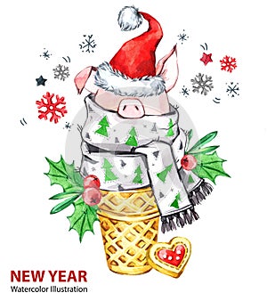 2019 Happy New Year illustration. Christmas. Cute pig with Santa hat in waffle cone. Greeting watercolor dessert. Symbol