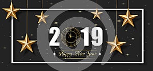 2019 Happy New Year and Merry Christmas greeting card with golden star and clock