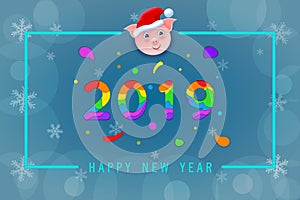 2019 Happy New Year paper craft holiday blue background.