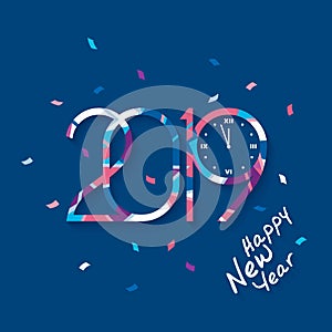 2019 Happy New Year. Patterned numbers with clock that count midnight on blue background.