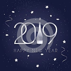 2019 Happy New Year, silver numbers and bottle of Champagne, stars and streamers on blue background. Vector.