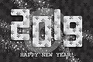 2019 jigsaw puzzle background with many silver glitter and white pieces. Happy New Year card design. Abstract mosaic