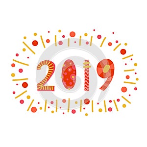 2019 lettering illustration papercut style. Flat hand drawn cartoon happy new year design. New years Eve 2019. For web post,