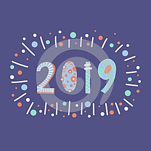 2019 lettering illustration papercut style. Flat hand drawn cartoon happy new year design. New years Eve 2019. For web post,