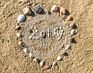 2019 letters made in heart shape of Seashells on the sand beach.