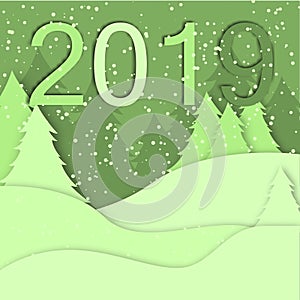 2019 Merry christmas greeting card vector origami forest winter xmas made pine tree snow paper art snowy craft style papercut illu