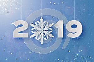 2019, Merry Christmas and Happy New Year Greetings card. White Paper cut snowflakes. Origami Decoration background