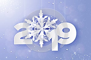 2019, Merry Christmas and Happy New Year Greetings card. White Paper cut snowflakes. Origami Decoration background