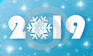 2019, Merry Christmas and Happy New Year Greetings card. White Paper cut snowflakes. Origami Decoration background