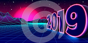 2019 neon sign for 80s styled retro New Years Eve celebration with arcade game grid landscape and purple sun